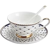 Porlien Royal Blue Star-night Porcelain 7-ounce Teacup and Saucer Set with 6-inch Coffee Spoon
