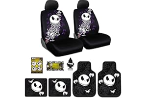 Yupbizauto 9 Pieces Nightmare Before Christmas Jack Skellington Car Truck SUV Seat Covers Rubber Front and Rear Floor Mat Set with Little Tree Air Freshener Bundle Set