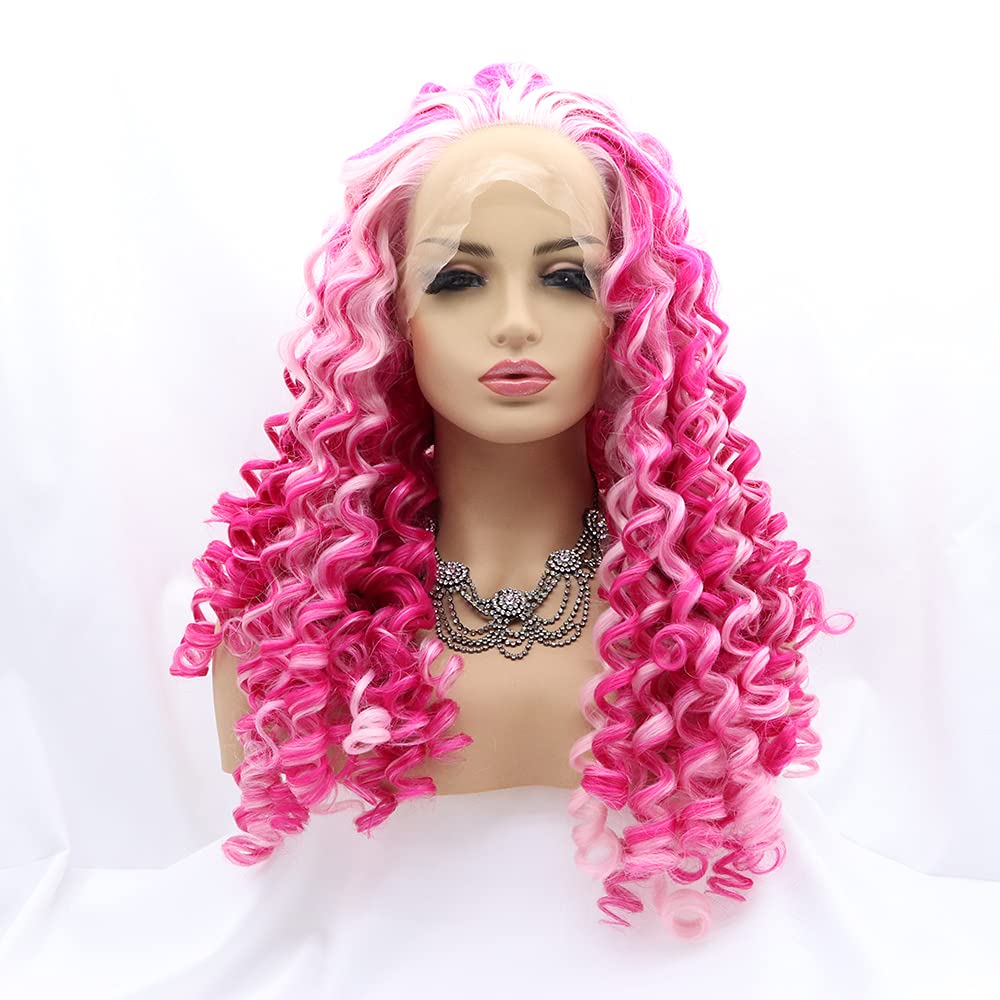 Xiweiya White Mixed Pink Curly Wigs Long Blonde Highlight Lace Front Wigs Ombre Pink Wigs13x4 Lace Front Wig Red Loose Wavy Soft Wig Heat Resistant Fiber 150% Density For Women 24inch