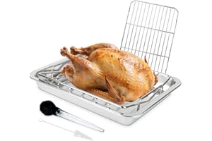 DOLAMOTY Stainless Steel Turkey Baking Roaster Pan Roasting Pan with V Rack, for Smoking and Grilling Chicken, Bird, and Pork Cooking Rack with 15.5*11.6*2 inch Roasting Pan for Smokers, Grill and Oven