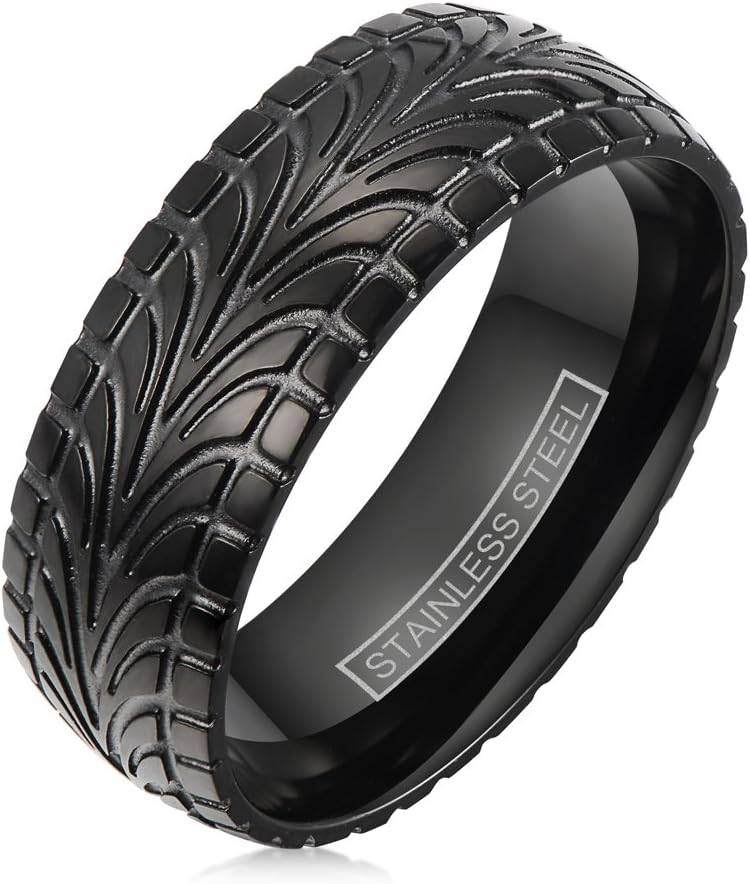 iMetalwerks Awesome Black Ion Plated Stainless Steel Ring with Cool Tire Tread Pattern.