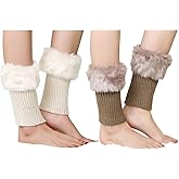 ILUFAM 2 Pairs Women Faux Fur Trim Boot Cuff Socks Winter Knitted Furry Top Cover Leg Warmers