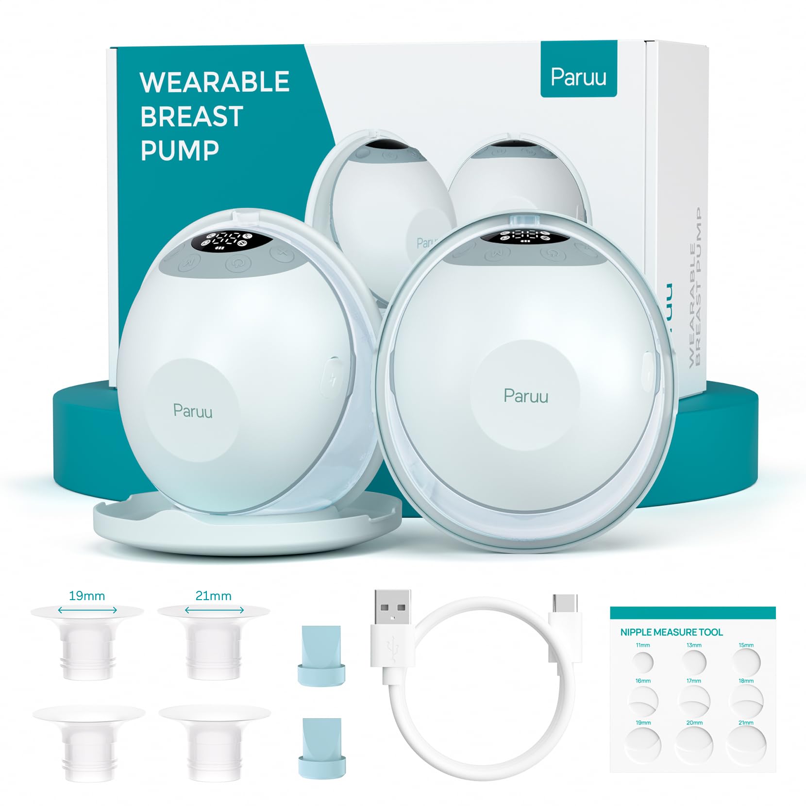 Photo 1 of Paruu P20 Electric Breast Pump Hands Free, 4 Modes & 12 Levels Suction with 19/21/24mm Double-Sealed Flange/Insert, Wearable & Portable, Visual Design of Time and Milk Volume (2 Pack, Light Green)