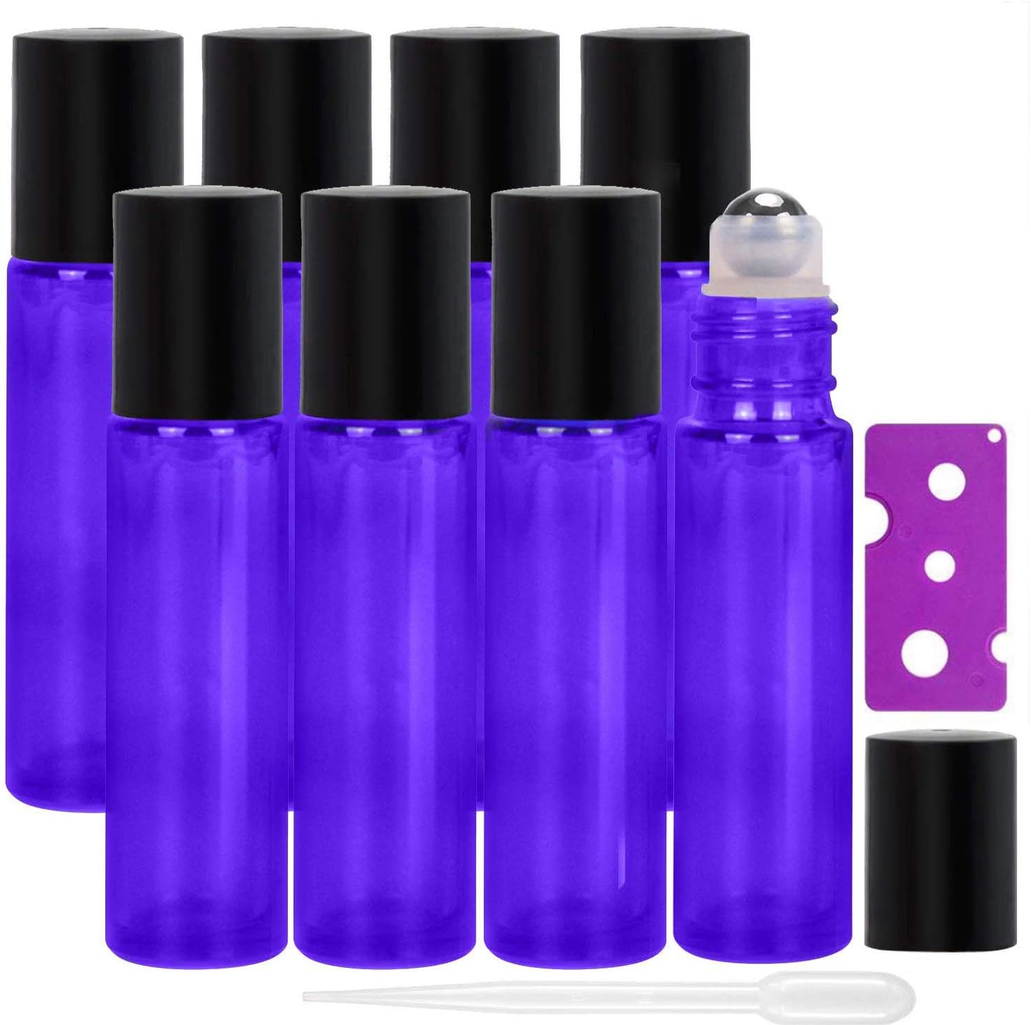 Alledomain 8Pcs 10ml Essential Oils Roller Bottles, Refillable Purple Glass Roll on Bottles with Stainless Steel Balls, Include 12 Pcs Label, 1 Dropper & Opener, Perfect for Aromatherapy, Fragrance