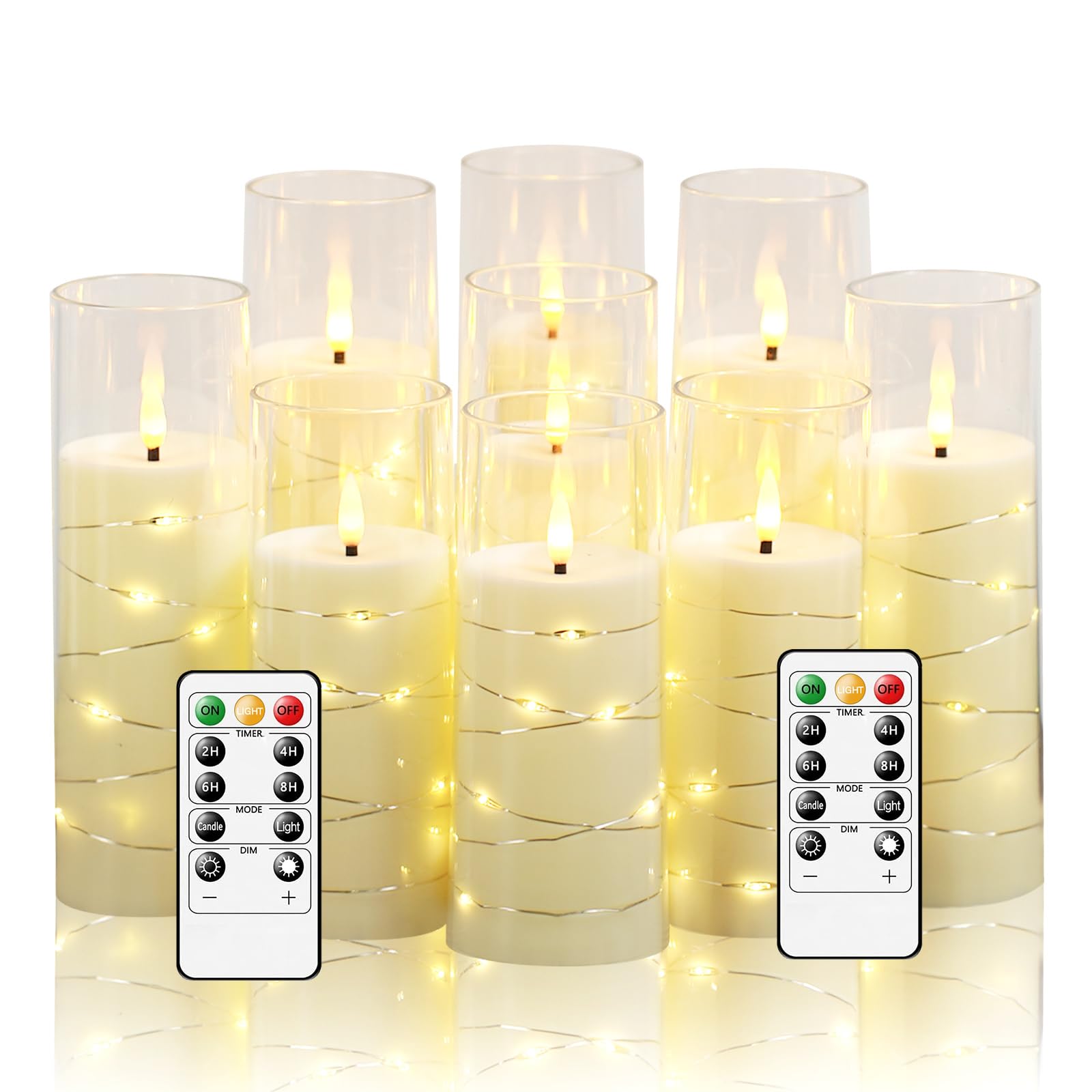 Nimiko Flickering Flameless LED Candles,Battery Operated Candles 9 Pcs with Embedded Star String,Acrylic LED Pillar Candles with Remote,Suitable for Home Decoration to Create an Atmosphere (Ivory) Image