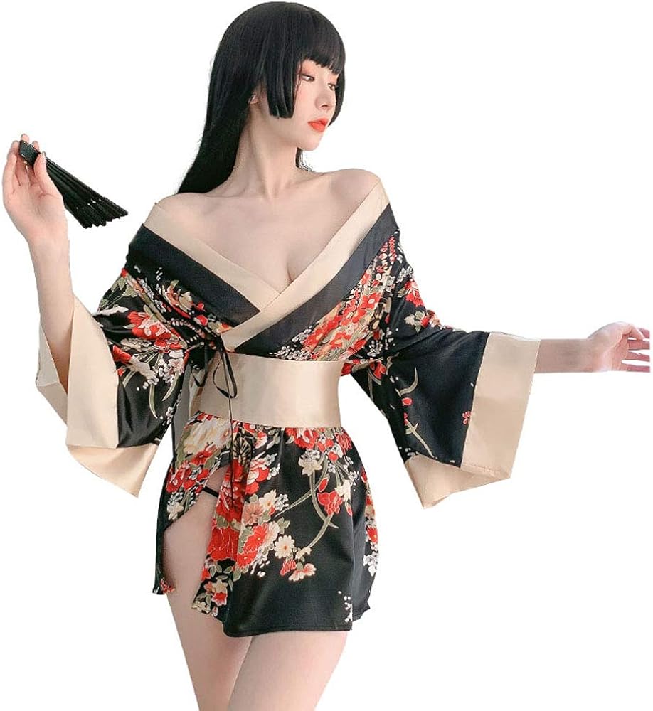 Women's Traditional Japanese Kimono Style Robe Yukata Costumes Pajamas Sexy Cosplay - black - Large, 7972-black