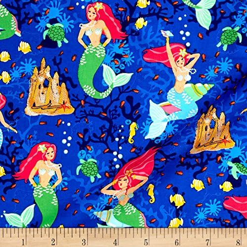Beautiful Briny Sea Mermaid All Over Glitter Blue Fabric By The Yard