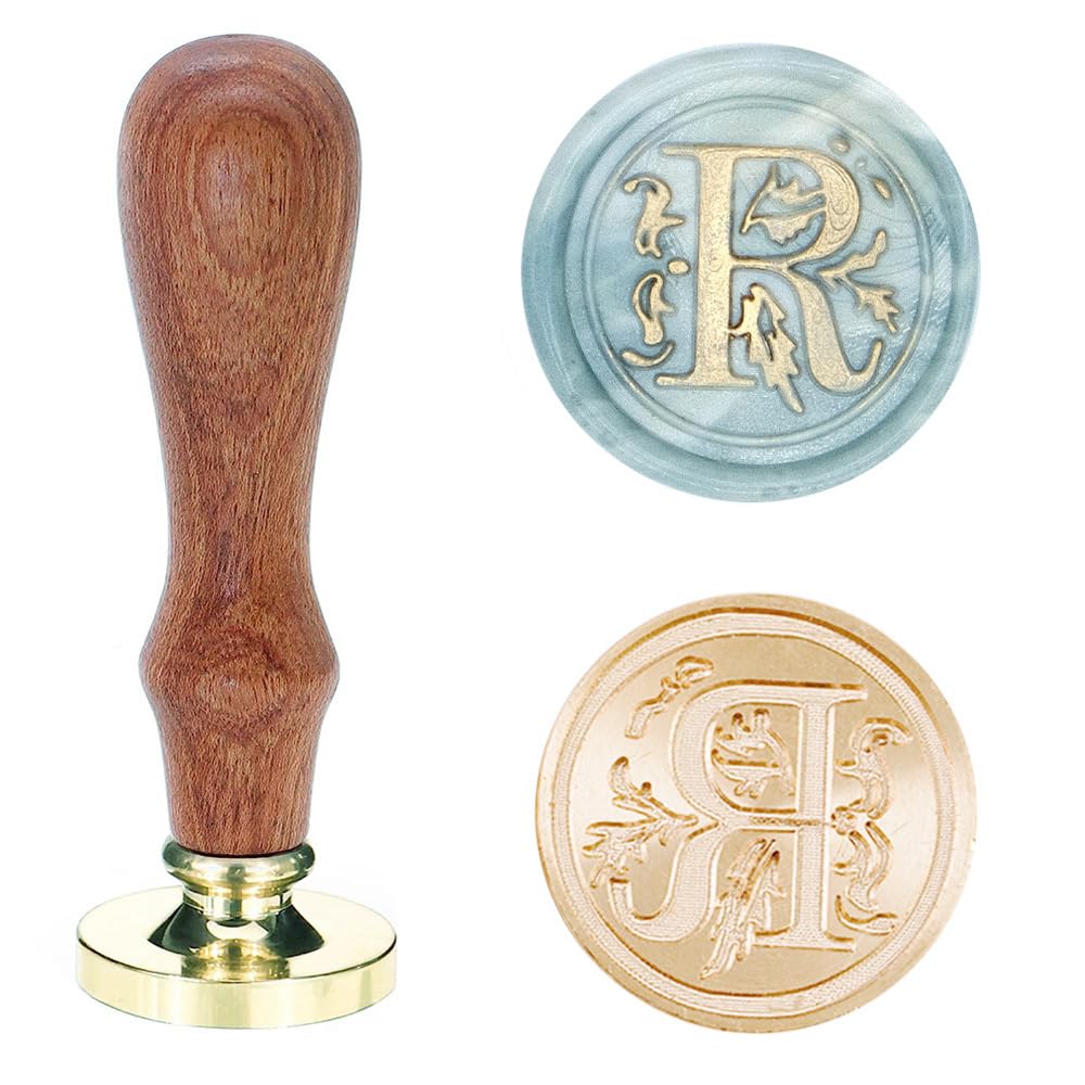 Poemluve Wax Seal Stamp Alphabe Letters R 25mm Initials Vintage Sealing Wax Stamps Brass Head with Removable Wood Handle for Scrapbooking, Wedding Invitation, Gift Wrap, Envelope (Letter R)