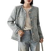 myzgx Women's Fall Casual Button Down Tweed Blazer Jacket Round Neck Collarless Office Work Jacket Coats