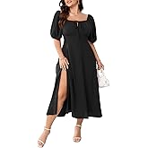 Women's Plus Size Summer Dress Short Sleeve Square Neck Milkmaid Dress Tie Front Split A-Line Maxi Long Dresses