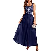 BeryLove Sequin Dress for Woman Vintage A Line Wedding Formal Swing Mesh Dress Sleeveless Cocktail Maxi Gowns