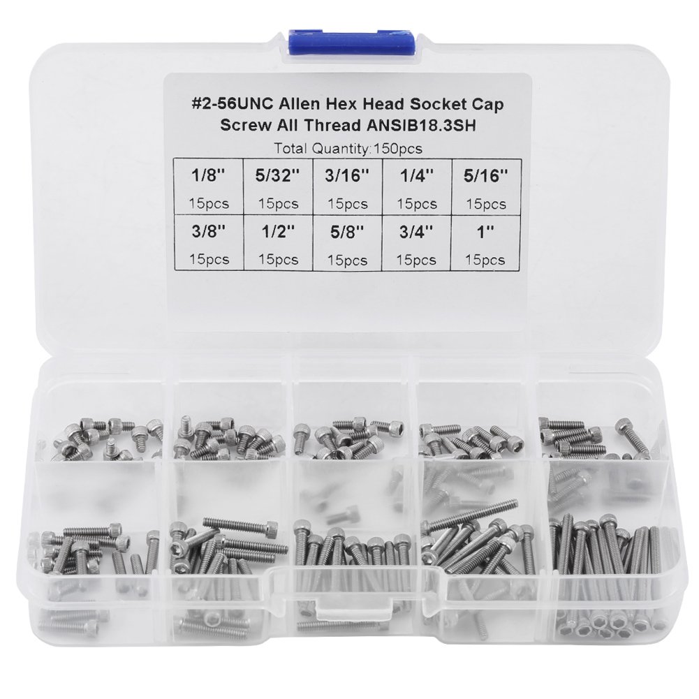 150PCS Cap Head Screws, 9 Sizes Hex Socket Caps Head Screws Assortment Set with Plastic Box #2-56 UNC,Hex Socket Screws