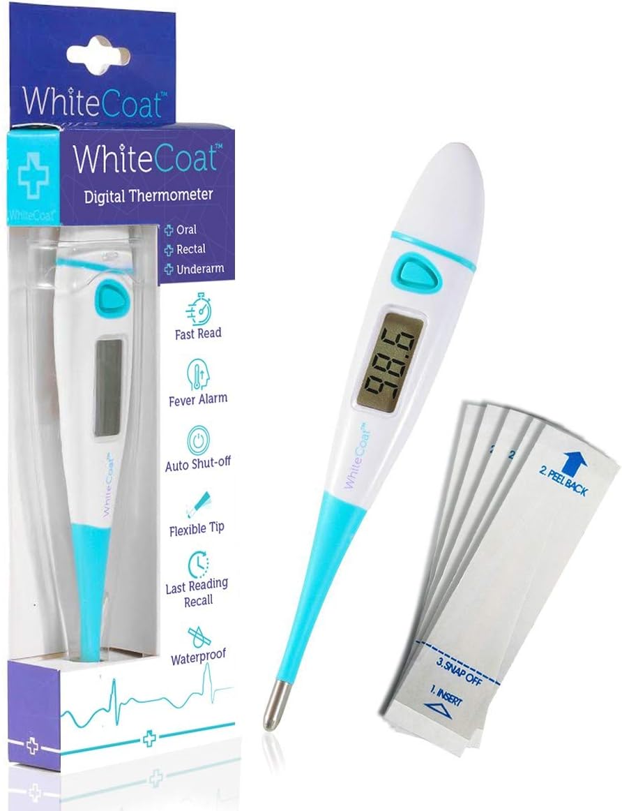 White Coat Fast Reading Digital Thermometer for Oral Rectal and Underarm Use with Flexible Tip and Fever Body Temperature Indicator for Baby Child Adult and Pets, Bonus 30 Probe Covers Included