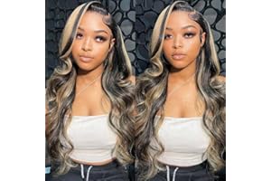 BestFun FB/27 Balayage Highlight Lace Front Wig Human Hair Pre Plucked 220% Density 24 Inch 13x4 HD Lace Brazilian Virgin Human Hair Body Wave Wig Ombre Glusless Wigs for Women Natural Hairline