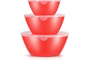 Wehome Mixing Bowls with Lids Set，Plastic Mixing Bowls for Kitchen Preparing，Serving and Storing，Set of 3-Includes 3 Bowls and 3 Lids，BPA-FREE Neat Nesting Bowls with Sealing Lids (Red)