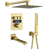 Lefton Shower System in Fahrenheit Display (Battery-free), 10&rdquo; Overhead Shower Head with All-in-one Handheld Spray Showerhead and Bathtub Faucet, 4-in-1 Control System, SSWM2502 (Brushed Gold)