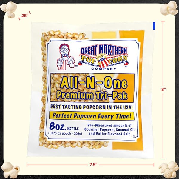 8OZ POPCORN MACHINE POPCORN PACKETS – ALL-IN-ONE MOVIE THEATER STYLE POPCORN KERNELS, SALT, AND OIL PACKS BY GREAT NORTHERN POPCORN (24 CASE)