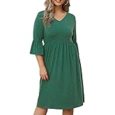 D.Q.RZhong Women's Plus Size Fall Dresses 3/4 Sleeve V Neck Casual Ruffle Empire Waist Swing Midi Dress XL-5XL