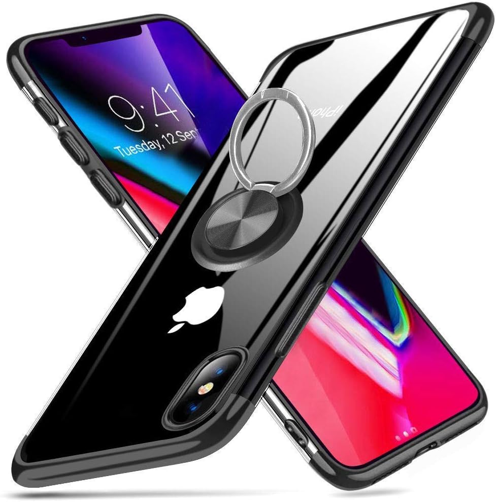 ZHIYIJIA iPhone Xs Max Case 6.5 Inch Ring Holder Kickstand Clear Ultra Slim Shockproof Anti-Scratch Transparent Soft TPU Bumper Cover Case for iPhone Xs Max Black