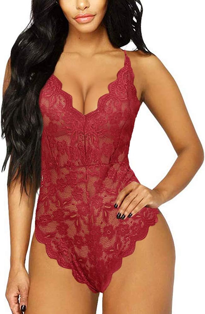 Women Lingerie Teddy Bodysuit V Neck One Piece Lace Babydoll Chemise
