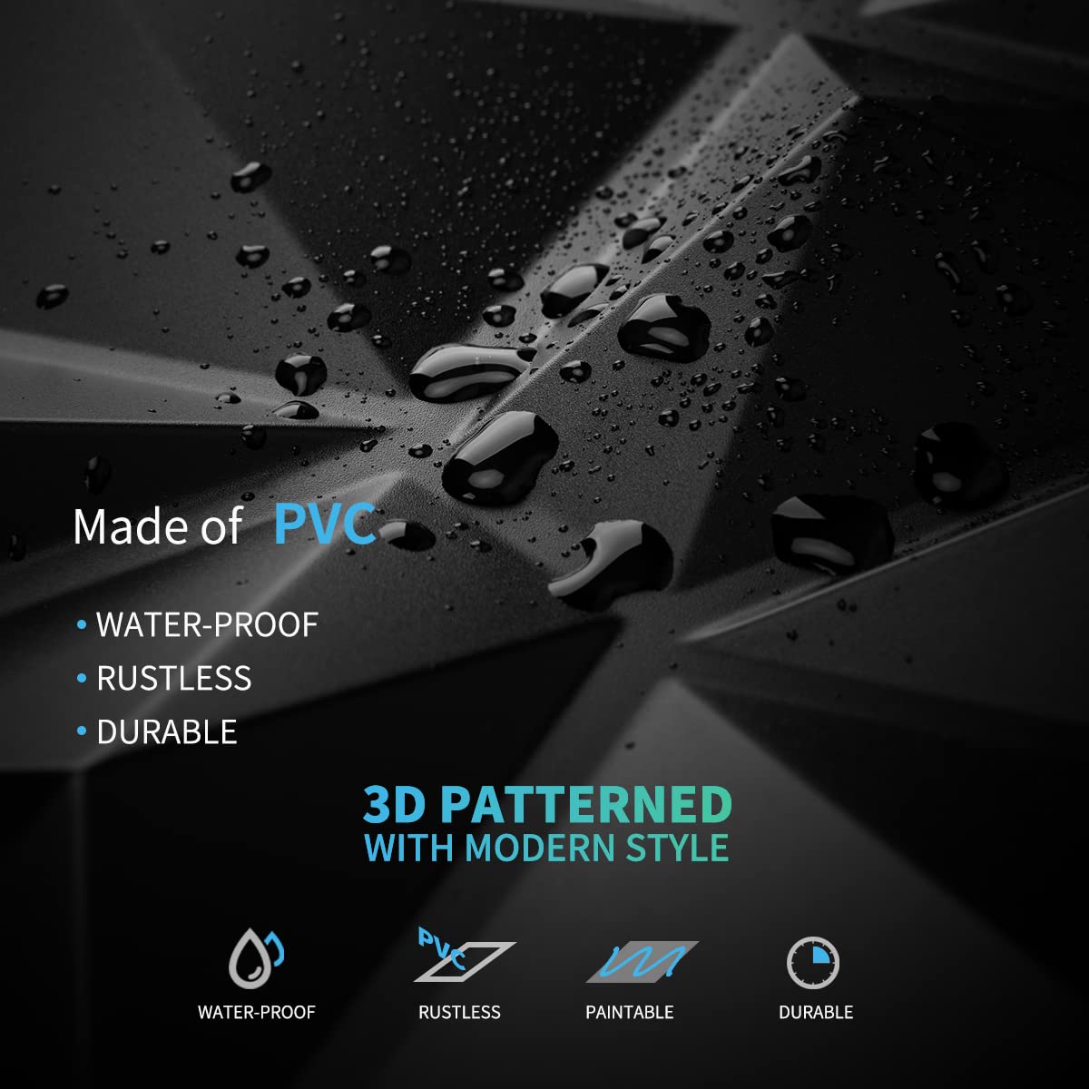 Art3d 33 Stück 3D Wandpaneele Diamant 30 x 30 cm matt schwarz, Hochsteifes PVC, Dauerhaft, Nicht Verformbar, Wasserfest, Hitzebeständig, Geruchsneutral 6