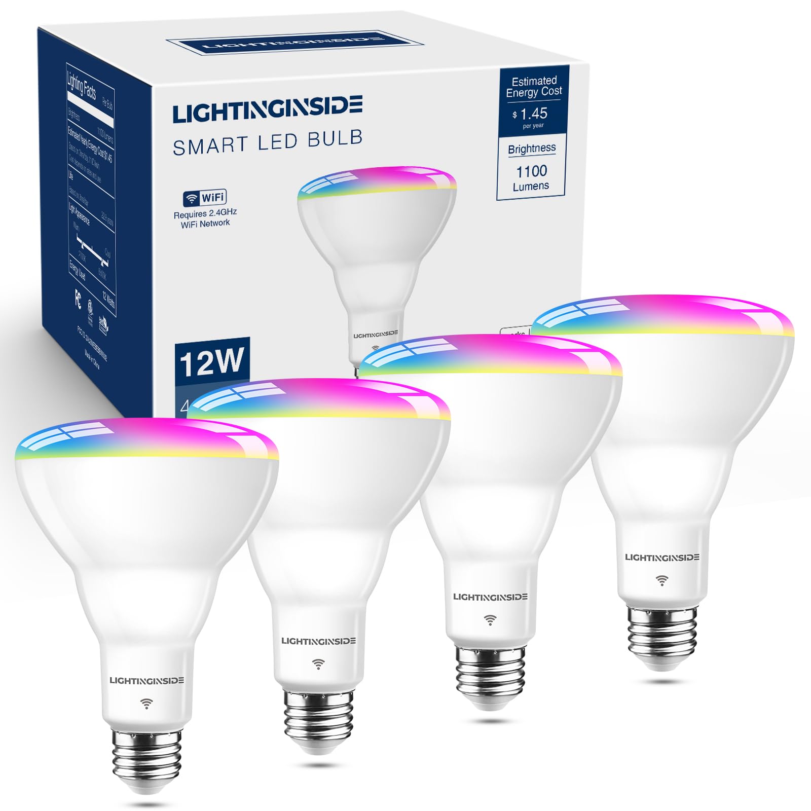 Photo 1 of Lightinginside Smart Light Bulb 75W Equivalent, 1100LM 12W RGBCW BR30 E26 Bulb Works with Alexa/Google Home/Smart Life, 2.4G WiFi Bluetooth Recessed Flood LED Bulbs, No Hub Required, ETL Listed, 4PCS