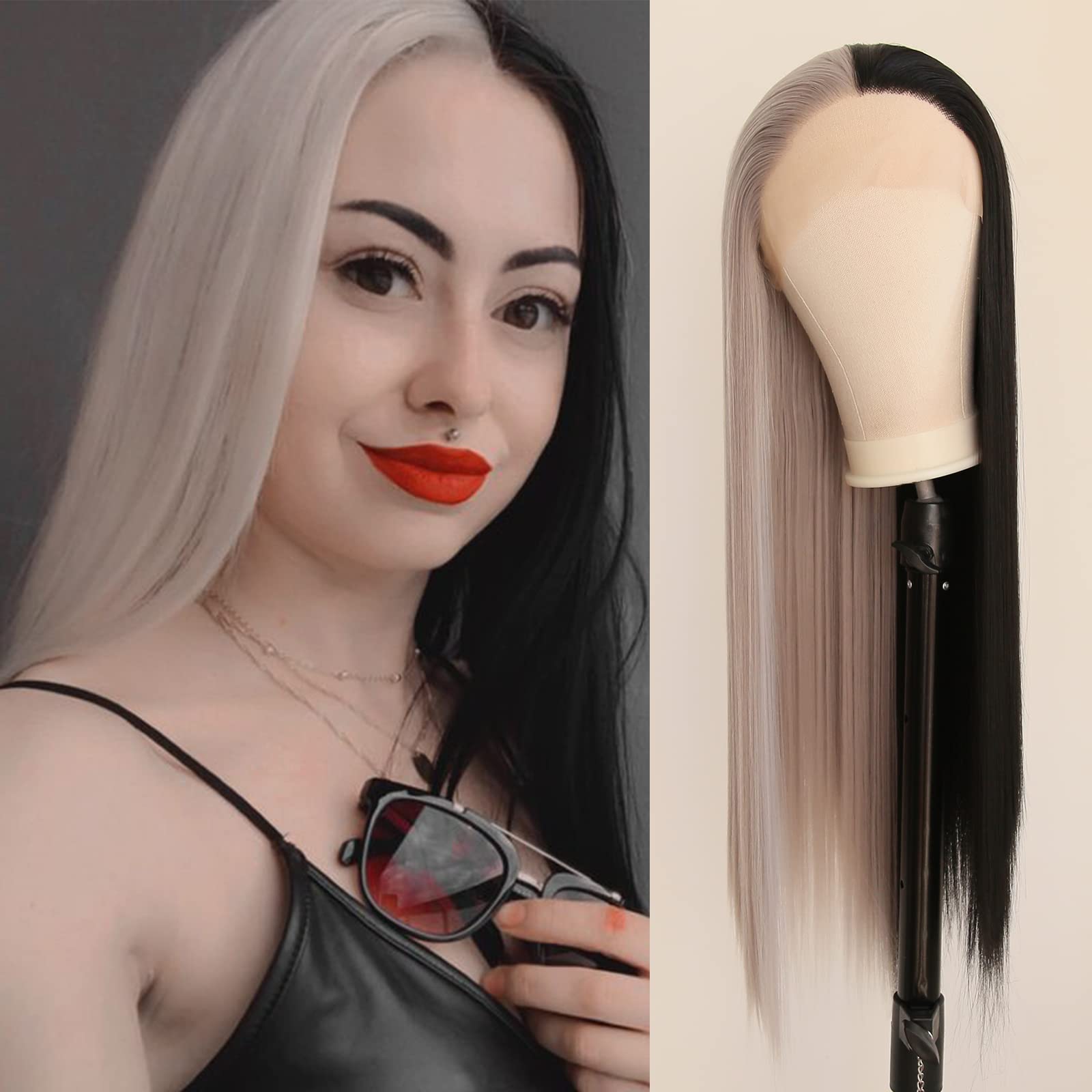 Towarm Half Grey Half Black Wig - Long Straight Synthetic Lace Front Wig, Pre Plucked Natural Hairline With Baby Hair for Women, Cosplay Daily Wear
