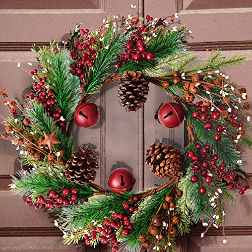 HOLICOLOR Christmas Wreath, Garland with Bells and Stars, 23×23inch Christmas Door Decoration, Holiday Decoration