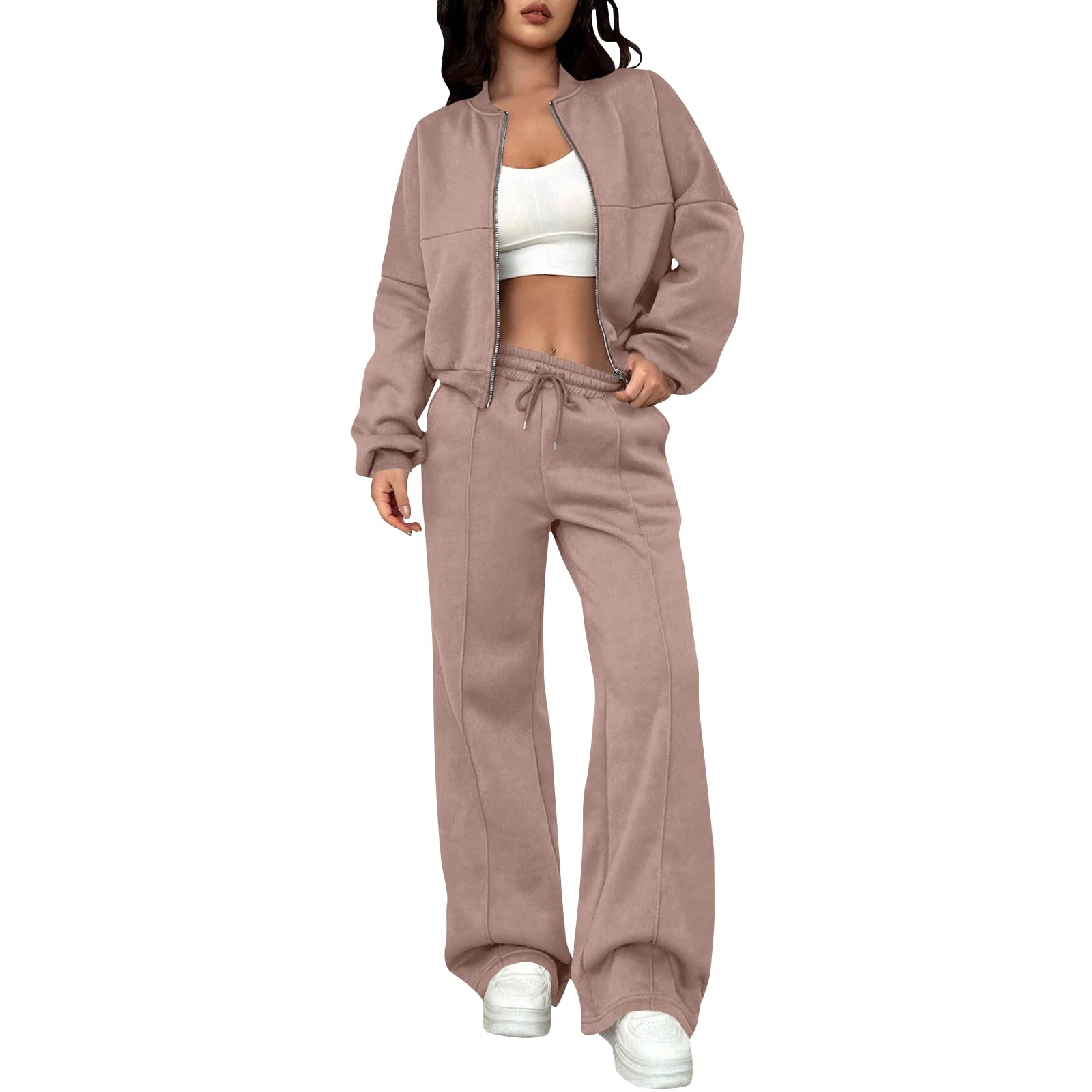 SamLng Womens 2 Piece Tracksuit Fall Fashion Long Sleeve Zip Up Crop Sweatshirt Long Pants Outfits Jogger Sweatsuit Sets