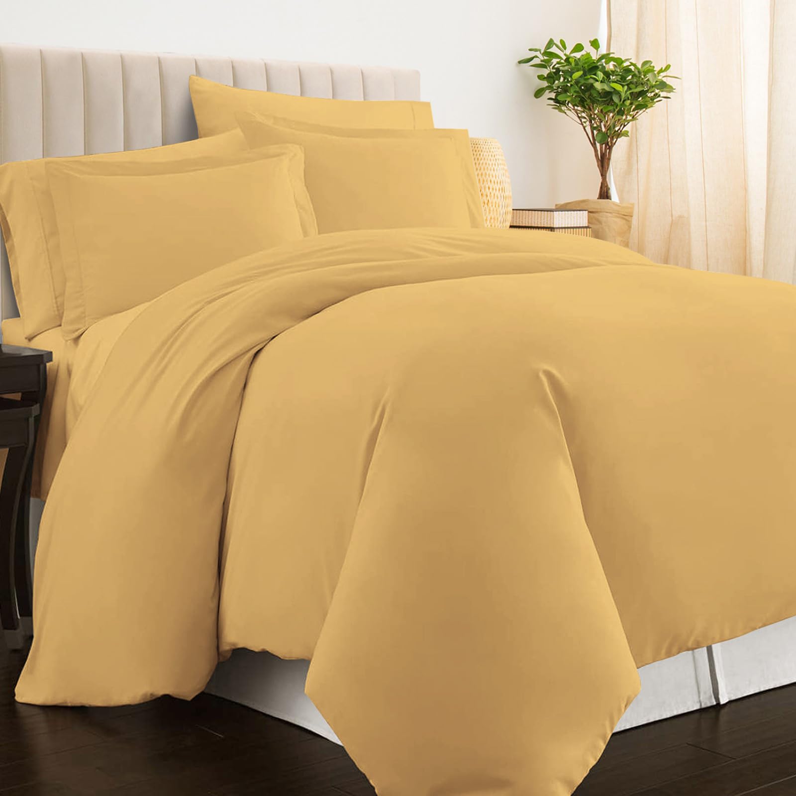 Pizuna 100% Cotton Double Duvet Cover Set Golden Yellow, 400 Thread Count Long Staple Cotton Duvet Cover 200x200cm, Sateen Weave Quilt Cover with Button Closure (Double Duvet Cover Cotton)