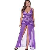 LINGERLOVE Women's Floral Lace Plus Size Babydoll Lingerie Set Sexy Split Maxi Long Nightgown Dress