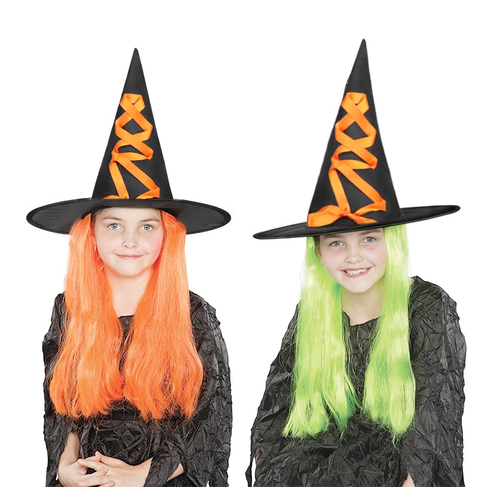 2 PCS Witch Hat Halloween Wizard Hat Pointed Funny Witch Hat Halloween Party Hat Halloween Witch Headwear Pleated Witch Hat Modern Wide Brim Witch Hat with Spider Bat Cosplay Party Fancy Dress