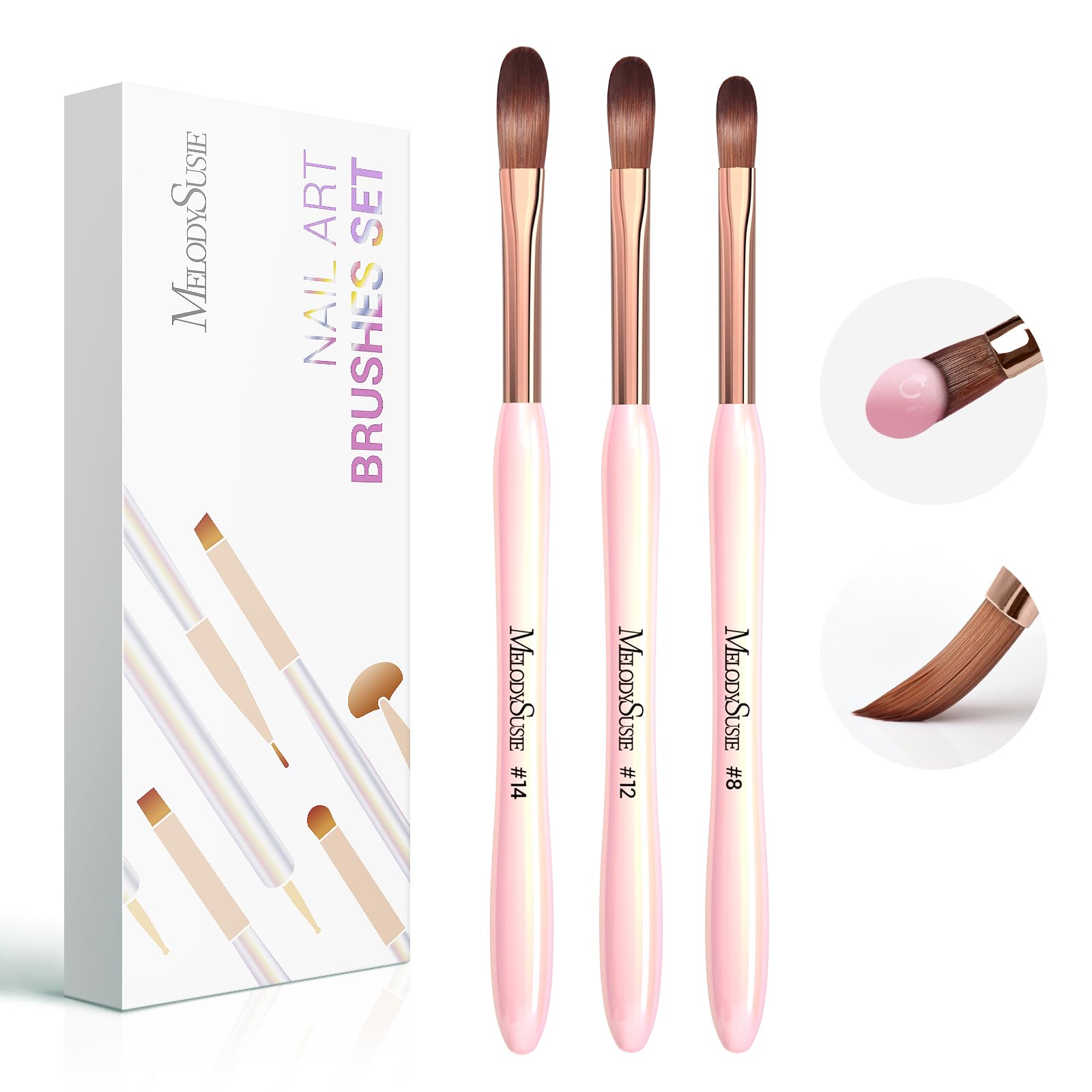 MelodySusie 3Pcs Acrylic Nail Brush Set, Size 8/12/14 Professional Nail Brushes with Ergonomic Handle for Acrylic Application Acrylic Powder Nail Extension and 3D Nail Carving Nail Art Manicure Tool