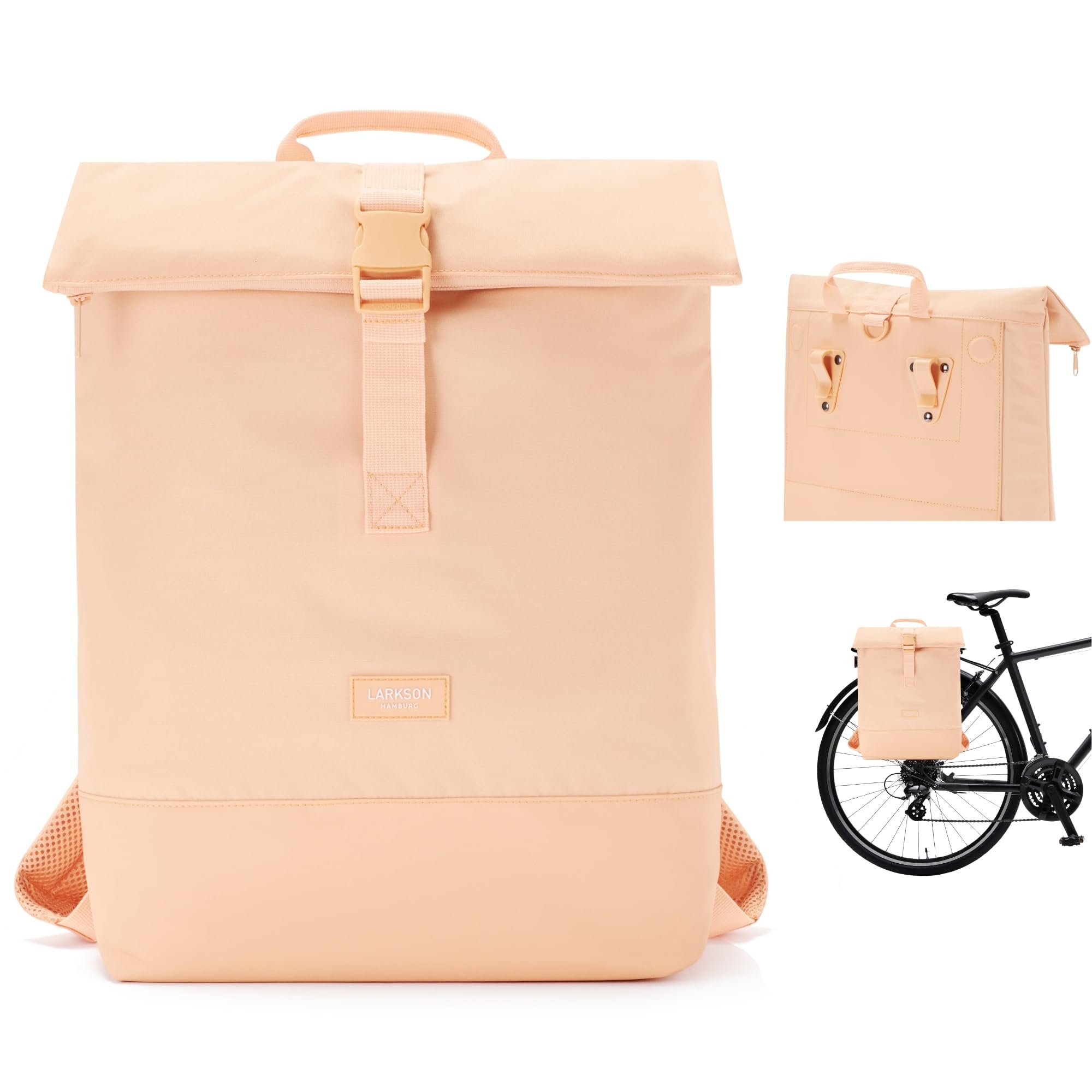 LARKSON Bike Pannier Bags Peach - Tammo Bike - 2 in 1 Cycle Backpack & Bicycle Bag for Rear Carrier, Made of Recycled Material - Water-Repellent