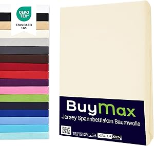 Buymax Spannbettlaken 160x200cm Baumwolle 100% Spannbetttuch Bettlaken Jersey, Matratzenhöhe bis 25 cm, Farbe Beige