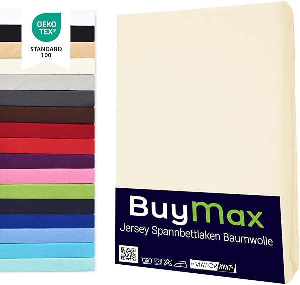 Buymax Spannbettlaken 160x200cm Baumwolle 100% Spannbetttuch Bettlaken Jersey, Matratzenhöhe bis 25 cm, Farbe Beige