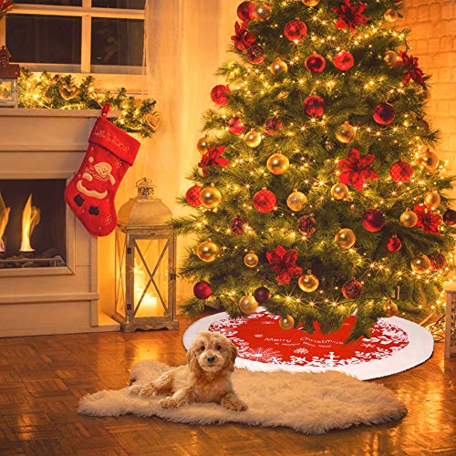sanipoe Christmas Tree Skirts, 48 inches Tree Skirt Decorations Faux Fur Skirt with Snowflakes, New Year Party Rustic Xmas Tree Holiday Ornaments, Red & White - Thumbnail 2