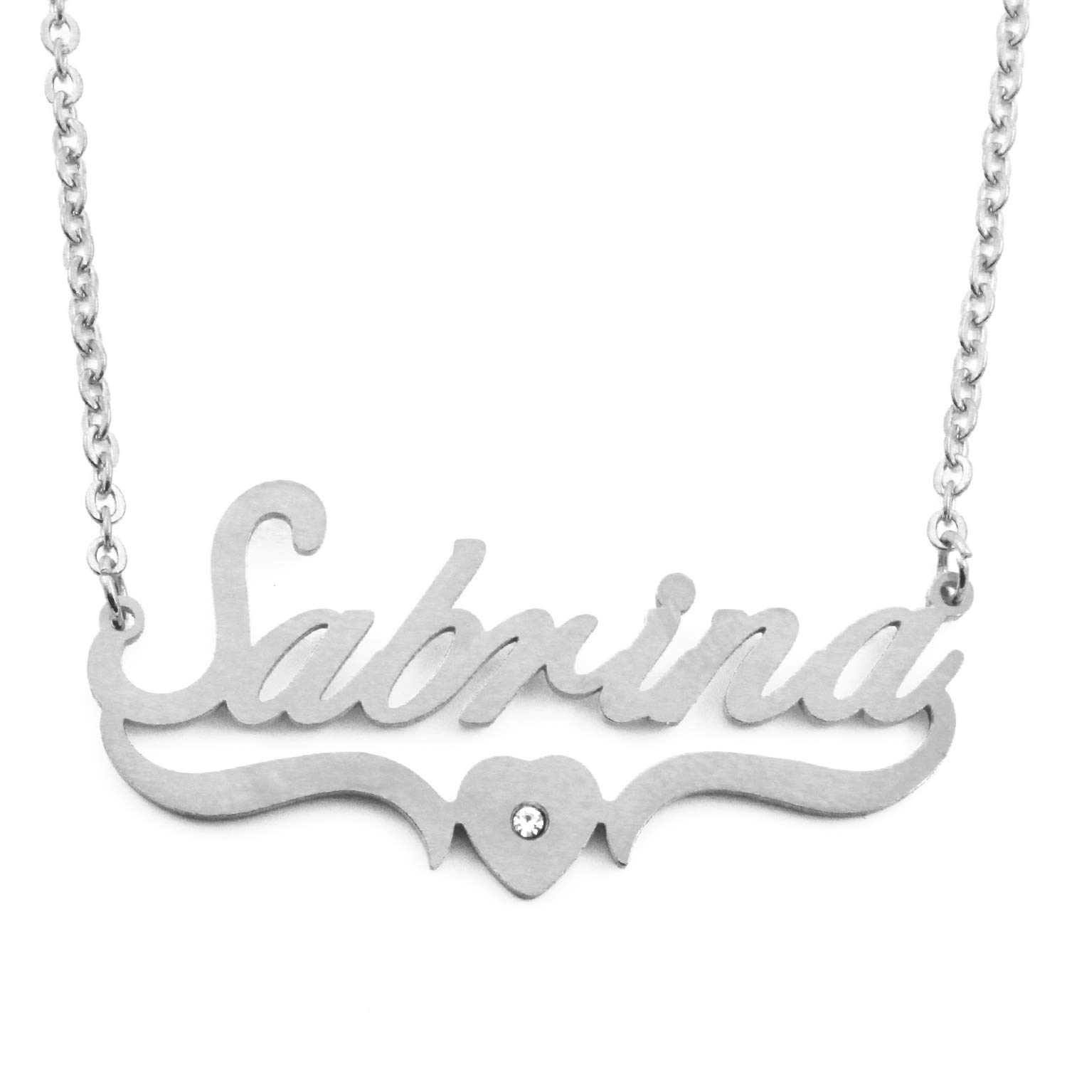 Kigu Sabrina Personalised Heart Shaped Name Necklace Adjustable Chain - Silver Tone - Incl Gift Packaging