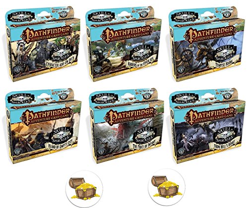 BUNDLE of All 6 Pathfinder Adventure Card Game Skull and Shackles Expansion Decks and 2 Treasure Chest Buttons