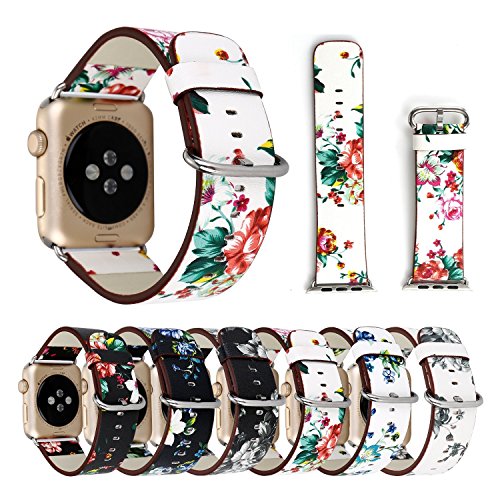 YOSWAN Bracelet For Apple Watch, National Black White Floral Printed Leather Watch Band 38mm 42mm Strap For Apple Watch Flower Design Wrist Watch Bracelet, White/Red Flower