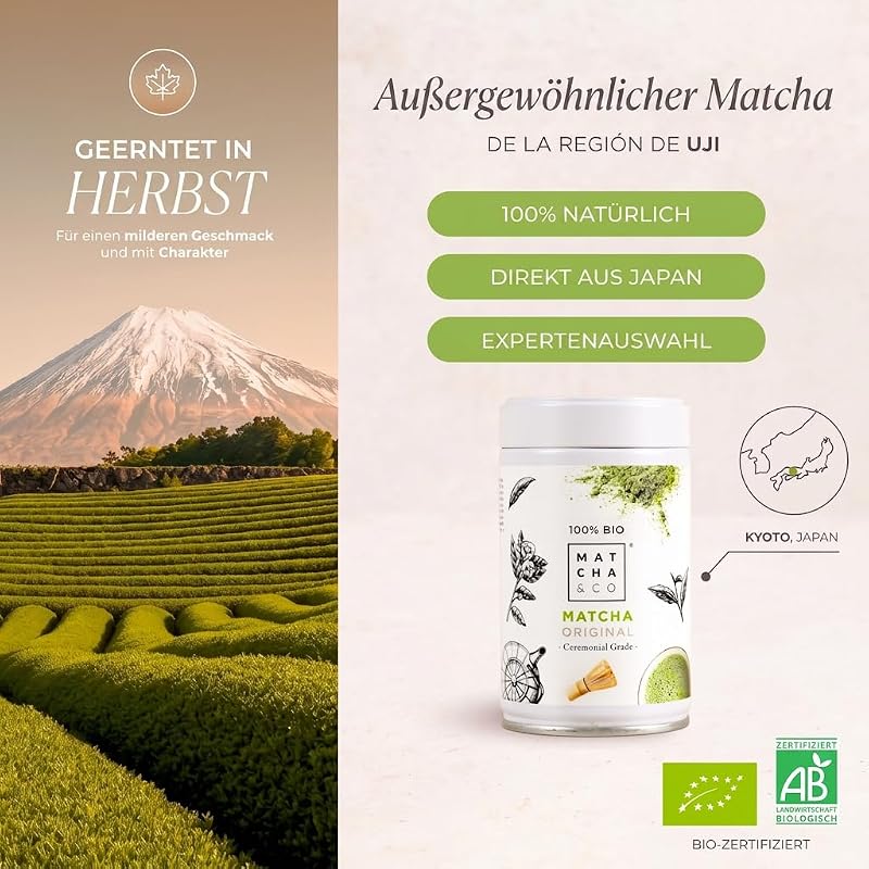 Original Matcha Tee. Matcha in Zeremonienqualität aus Uji, Japan. 80 g Bio-Grünteepulver.