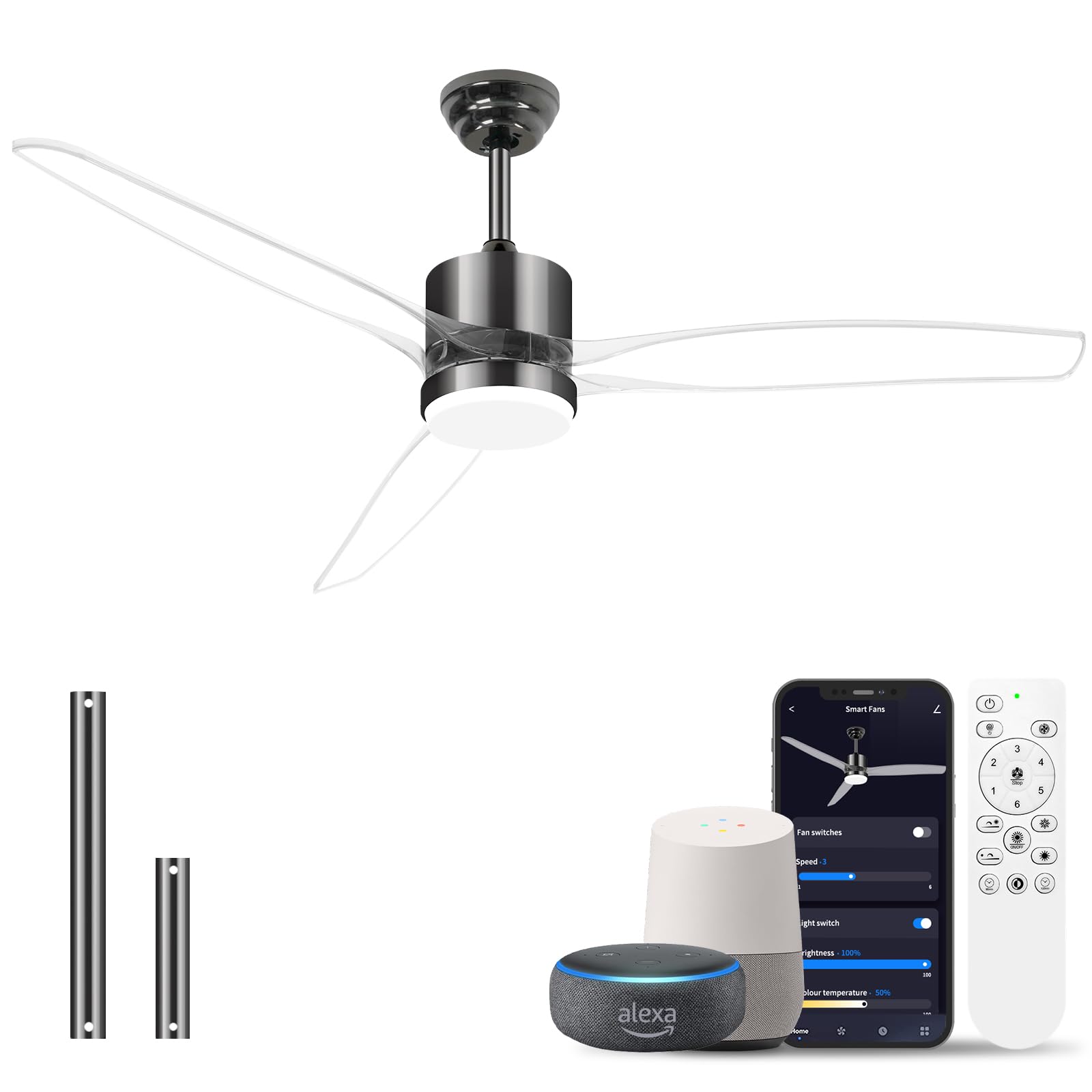 Photo 1 of ***MISSING PIECES -SELLING AS PARTS ONLY*** OKELI 52" Smart Ceiling Fan with Light, WiFi Enabled for Alexa & App Control, Reversible Black Modern Ceiling Fan with Dimmable LED Light and Remote, Clear Blades for Living Room Bedroom