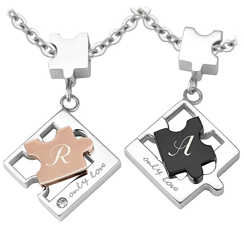 Schmuck-Pur Partner-Ketten mit Laser-Gravur Puzzle Freundschaftsanhänger Edelstahl mit Kristall 2 Halsketten 45/50 cm