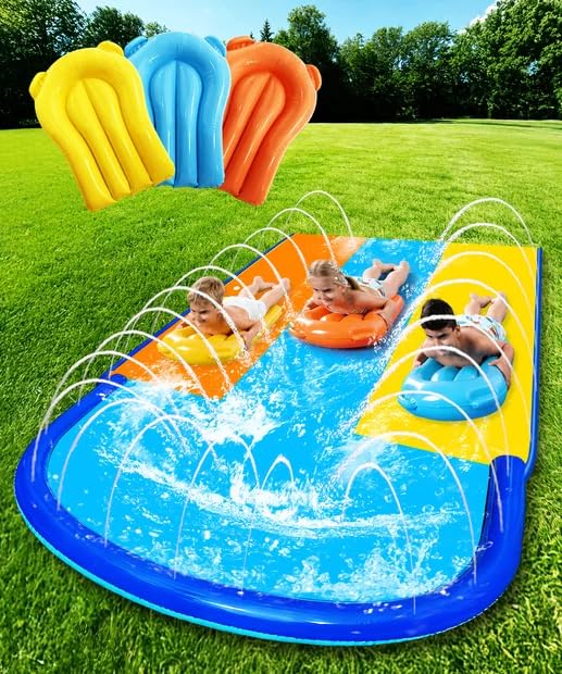CVICOE Triple Water Slide with 3 Bodyboards, 10ft x 80in Extra Long Wide 3-Lane Slip and Slide with Upgraded Surround Sprinkler System, Thickened PVC Water Slides for Kids Backyard Home Outdoor Fun