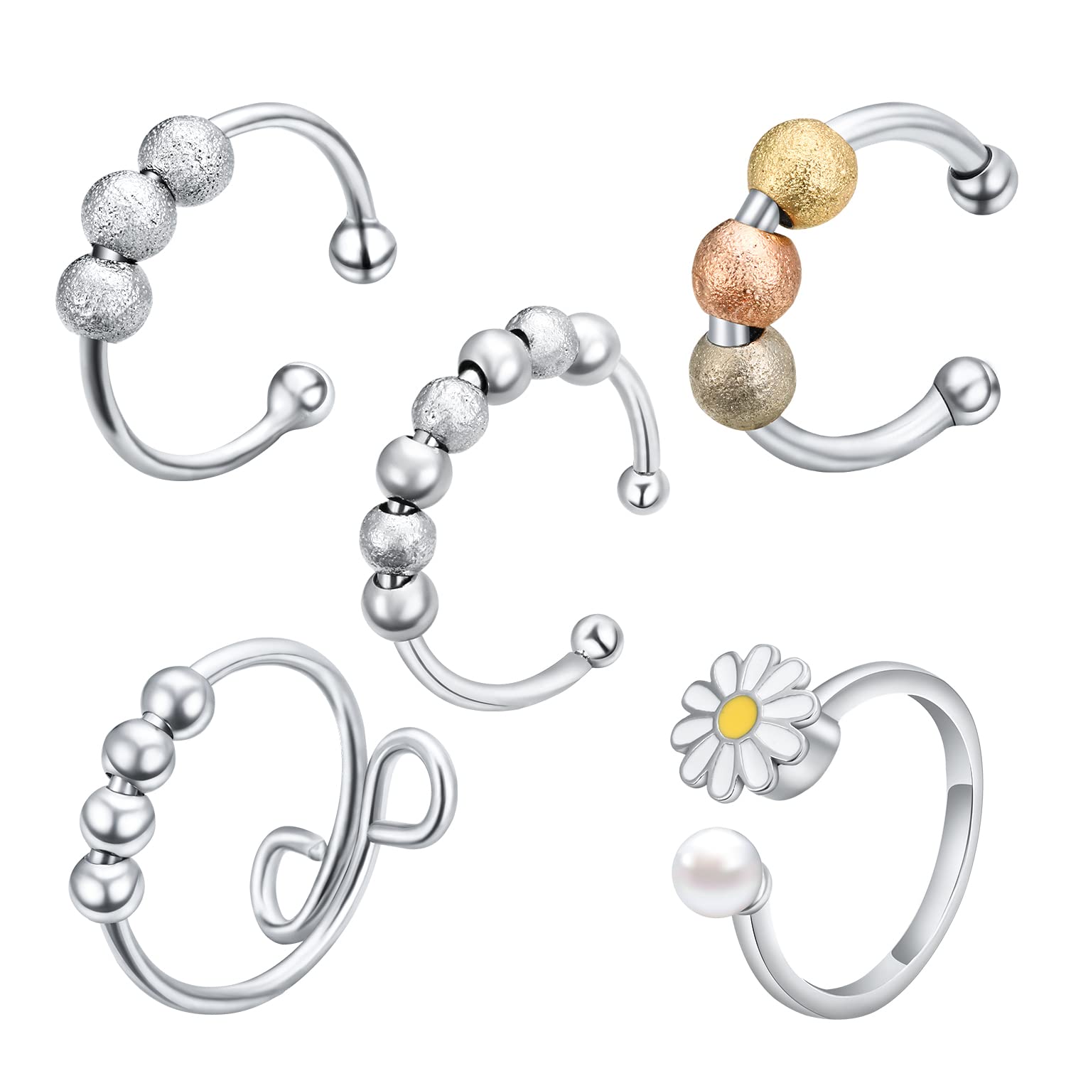 TUNGSTORY Anxiety Spinner Rings 5Pcs Open Adjustable Daisy Ring Stress Reliever Finger Rings Bead Ring Rotatable Anti Anxiety Thumb Fidget Ring for Men Women