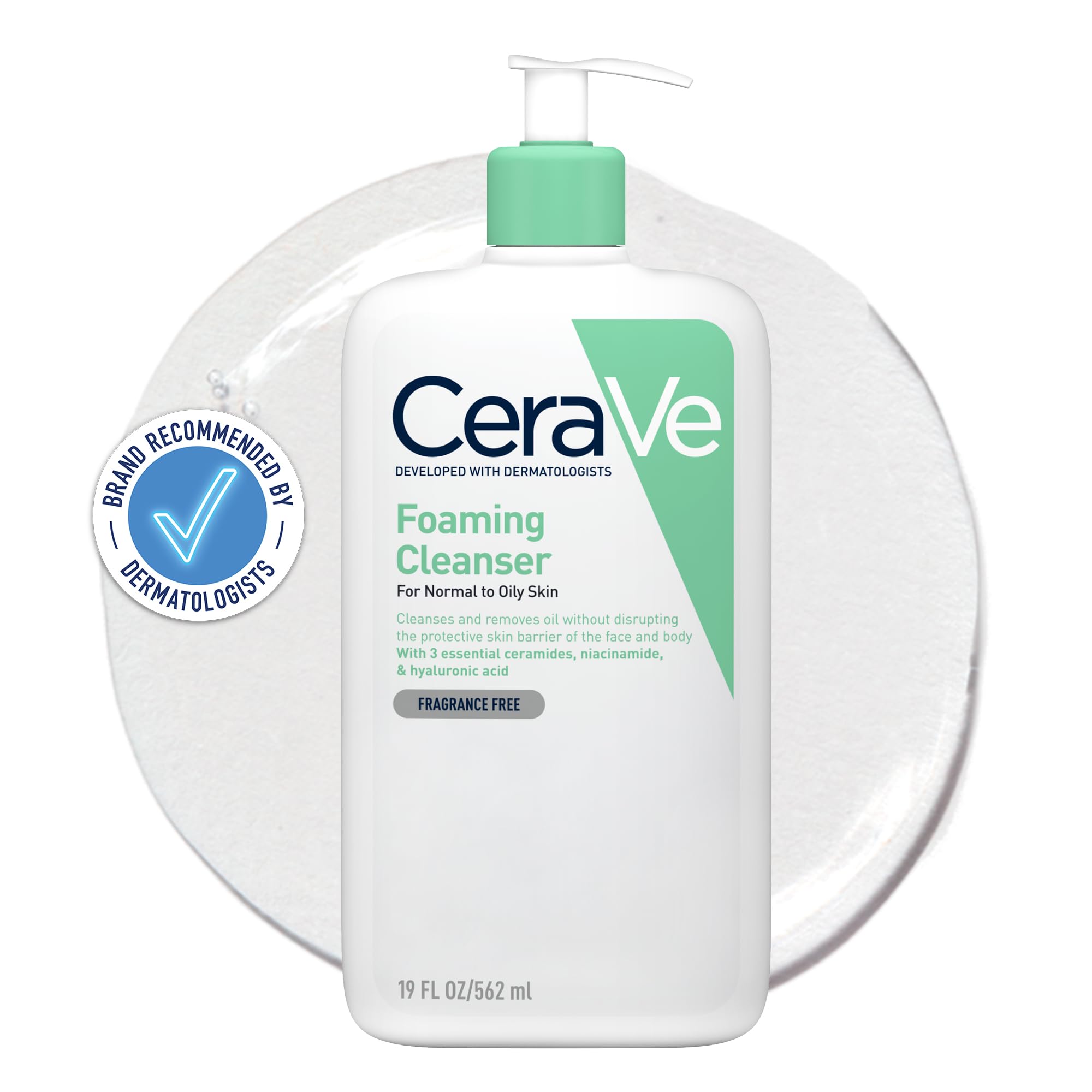 CeraVe Foaming Cleanser With 3 Essential Ceramides, Niacinamide, & Hyaluronic Acid, Gel Formula for Normal to Oily Skin, Removes Excess Oil, Dermatologist Developed, 562ml
