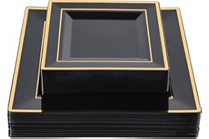 N9R 60 Pack Black Square Plastic Plates with Gold Rim Include 30 Disposable Dinner Plates 9.5 Inch and 30 Dessert Plate 6.5 Inch, Fancy Plate for Party, Wedding, Halloween and Daily Use
