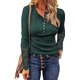 Miselon Womens Fall Long Sleeve Shirts Lace Slim Ribbed Henley Tops | V Neck Button Up,Soft Stretchy Knit Fitted Shirts,Layering Tops,Trendy Casual Going Out Spring Winter Outfits