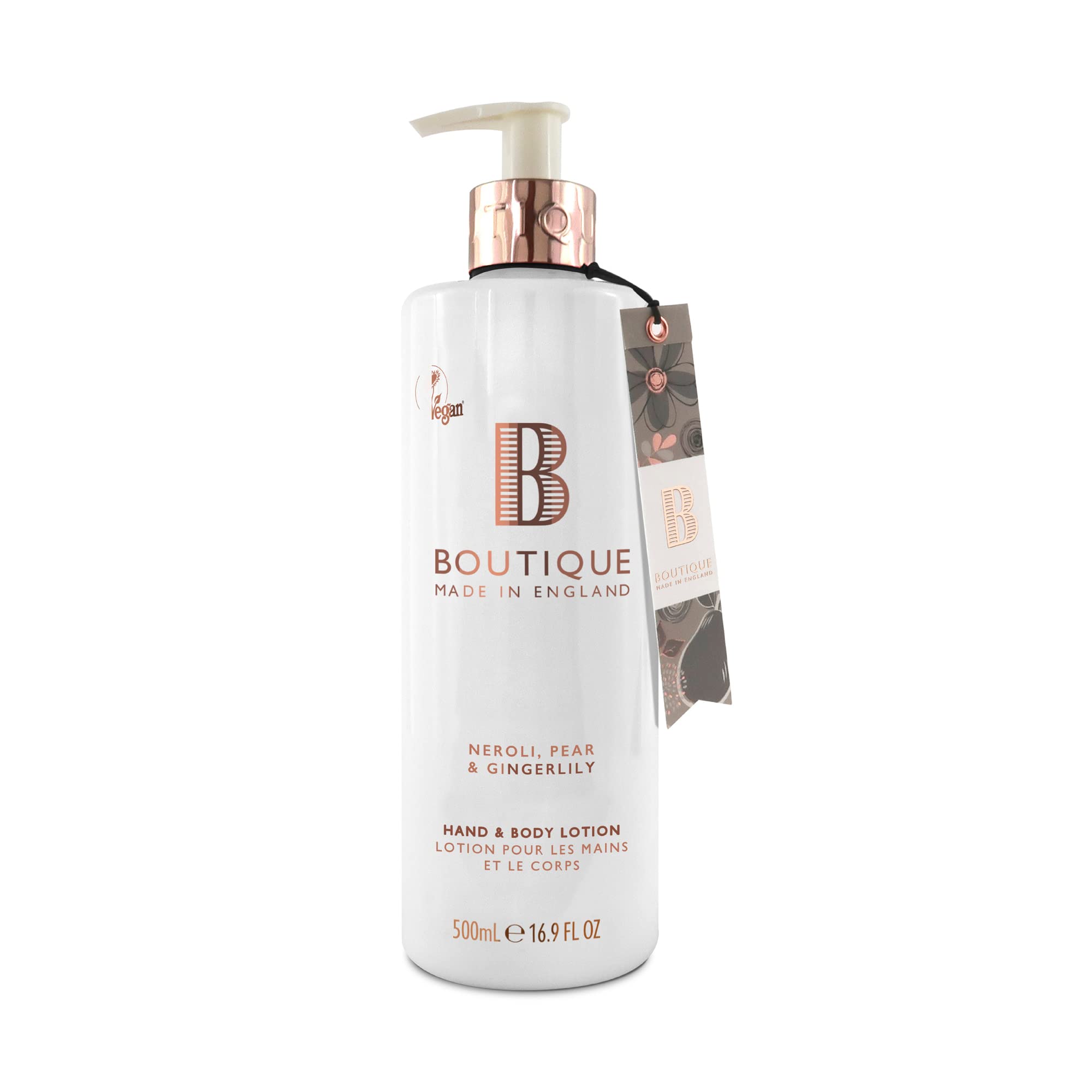 Boutique Neroli, Pear & Gingerlily Fragrance Hand & Body Lotion 500ml – Vegan Body Moisturiser with Essential Oils, Made in England – Lightly Scented Refreshing Hand & Body Care