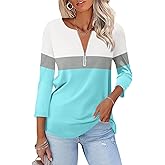 TICTICMISS Womens 3/4 Sleeve Tops Zipper Color Block Tunic Tops Casual Summer Shirts Trendy Tops